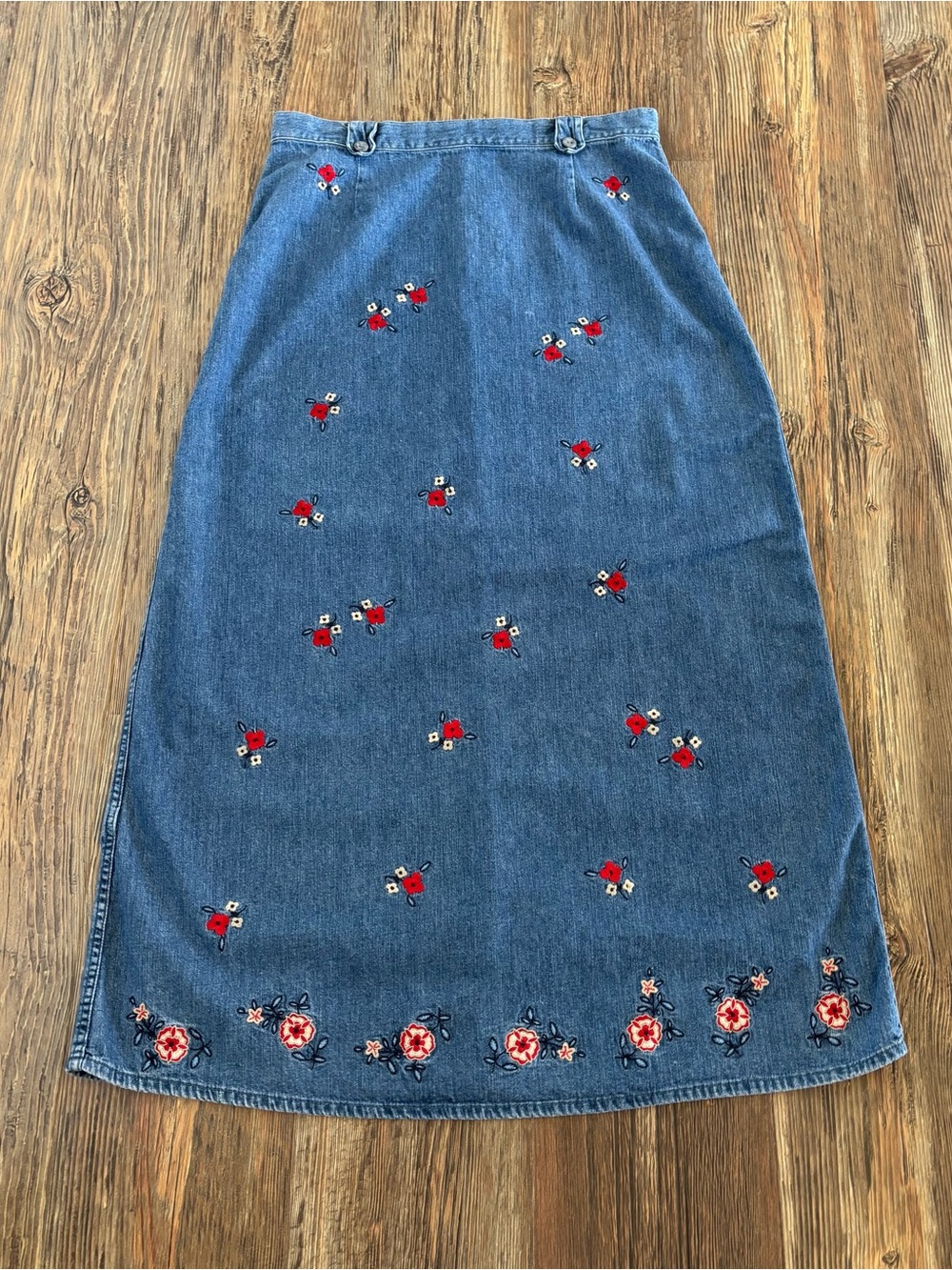 Vtg Christopher & Banks Floral Embroidered Blue Denim Maxi Jean Skirt Womens 14 - Picture 2 of 10